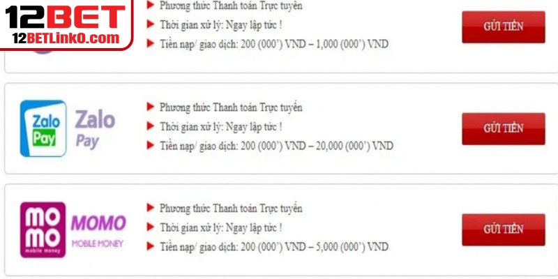 Việc nạp tiền 12BET đã trở nên cực kỳ thuận tiện và nhanh chóng